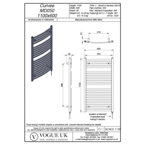 Vogue Curvee 1100 x 600mm Arched Crossbar Towel Rail Heating Only White 1320BTU MD050 MS1100600WH